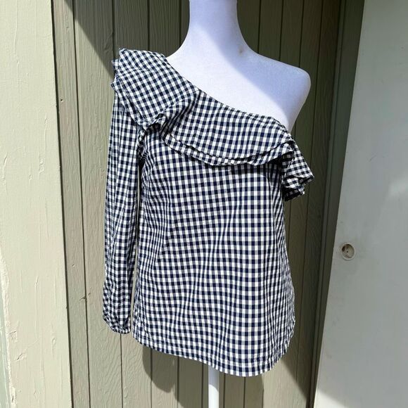J Crew Blue & White Gingham One Sleeve Asymmetric Ruffle - SZ 4 - Picture 2 of 12